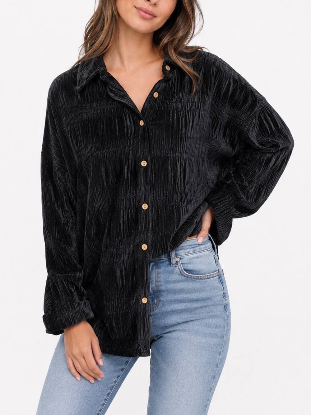 Cupio Black Luxe velvet Button-Up Shirt Sz XL